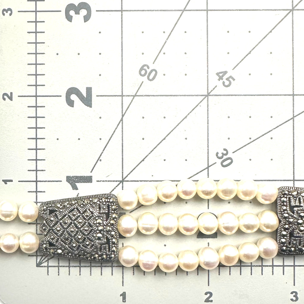 NF Thailand 925 sterling silver marcasite real freshwater pearls bracelet 32.40g