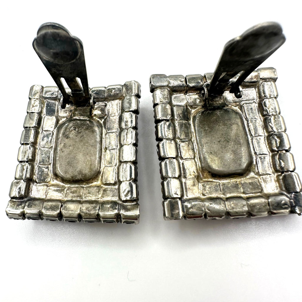 Vintage massive silver tone red rectangular glass rhinestones clip on earrings