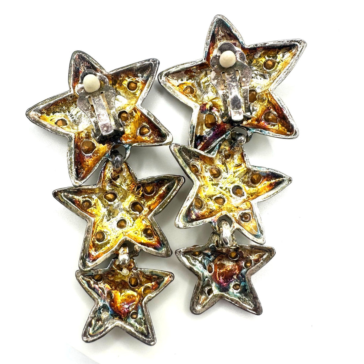 Vintage 1990s silver tone clear rhinestones 3 stars dangle drop clip on earrings
