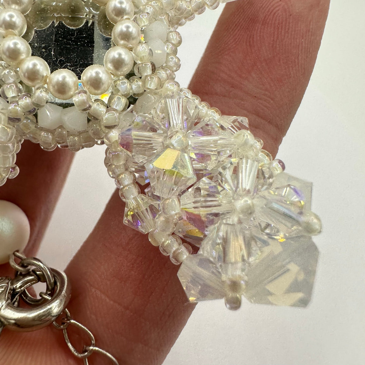 Handmade clear AB white opalite glass faux pearls cross beads beaded necklace