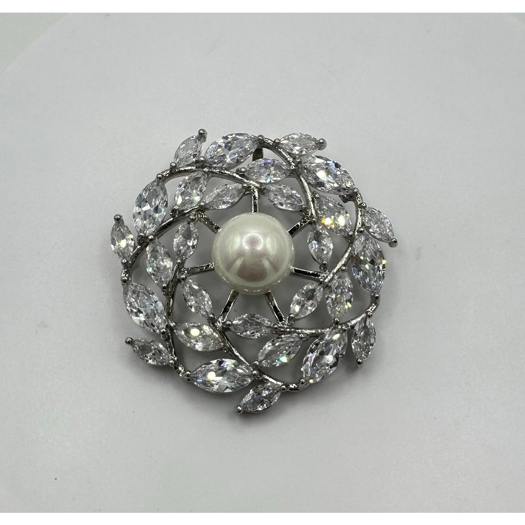 Vintage silver tone clear cubic zirconia CZ faux pearl round circular pendant