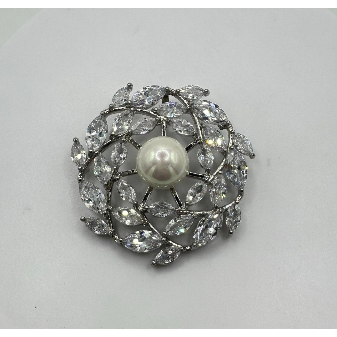 Vintage silver tone clear cubic zirconia CZ faux pearl round circular pendant