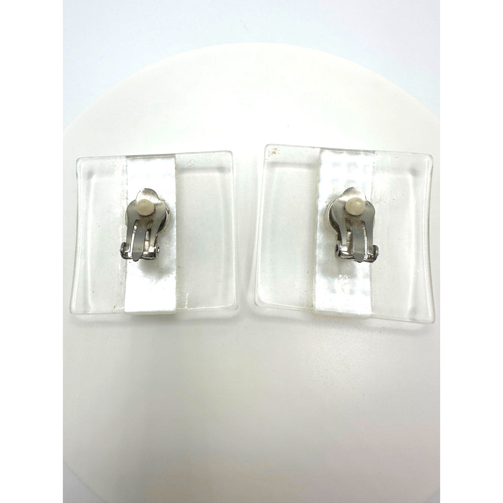 Vintage large 1.5" square clear white silver tone dotted lucite clip on earrings