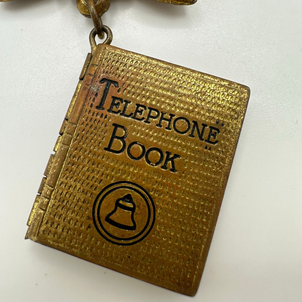 Rare 1920s Art Deco antique AT&T Telephone Numbers miniature book pendant brooch