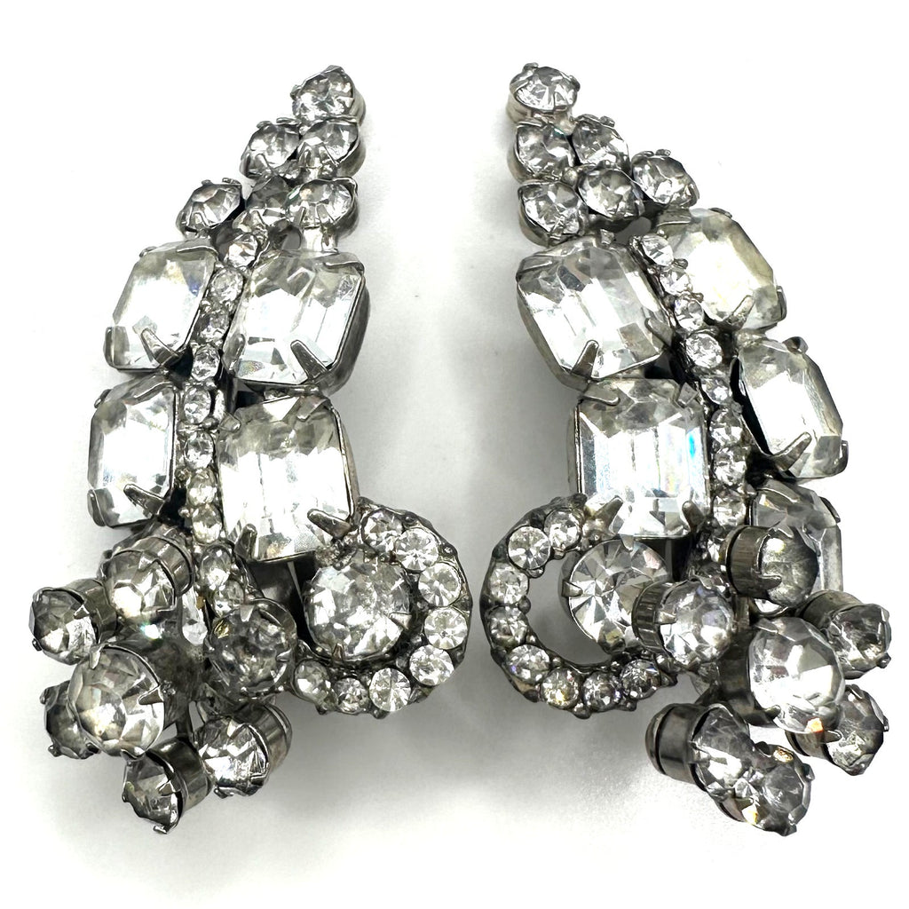 Juliana vintage silver tone clear glass rhinestones crawler clip on earrings