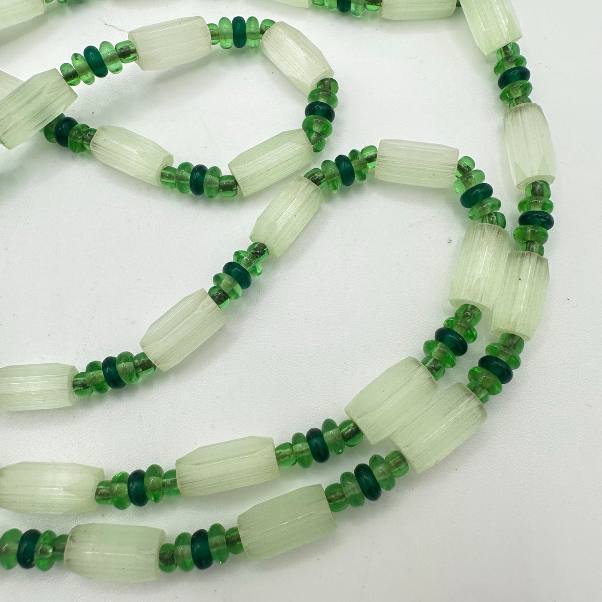 Antique vintage mint emerald green Czech satin art glass beaded 50" necklace