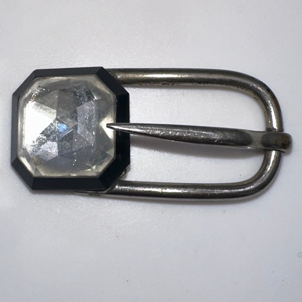 Made in France antique Art Deco silver tone clear black Czech glass belt buckle