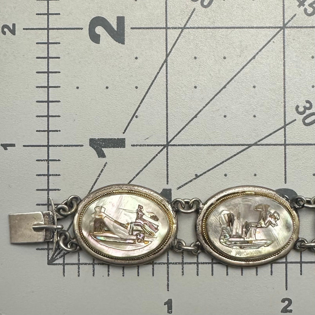 Vintage 800 silver carved genuine abalone shell cameos panel 7.25" bracelet