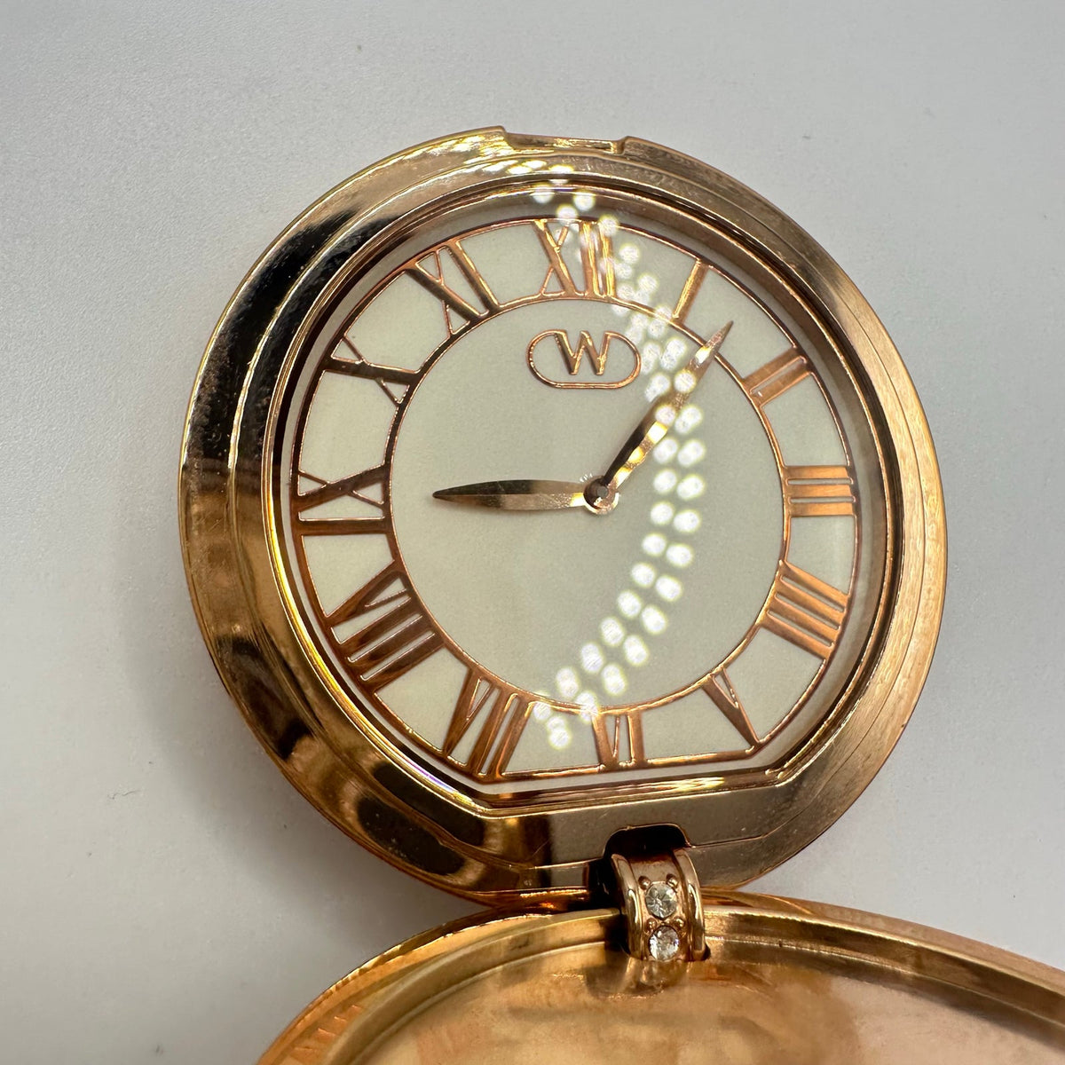Wintex rose gold pink enamel clear rhinestones quartz pocket watch necklace