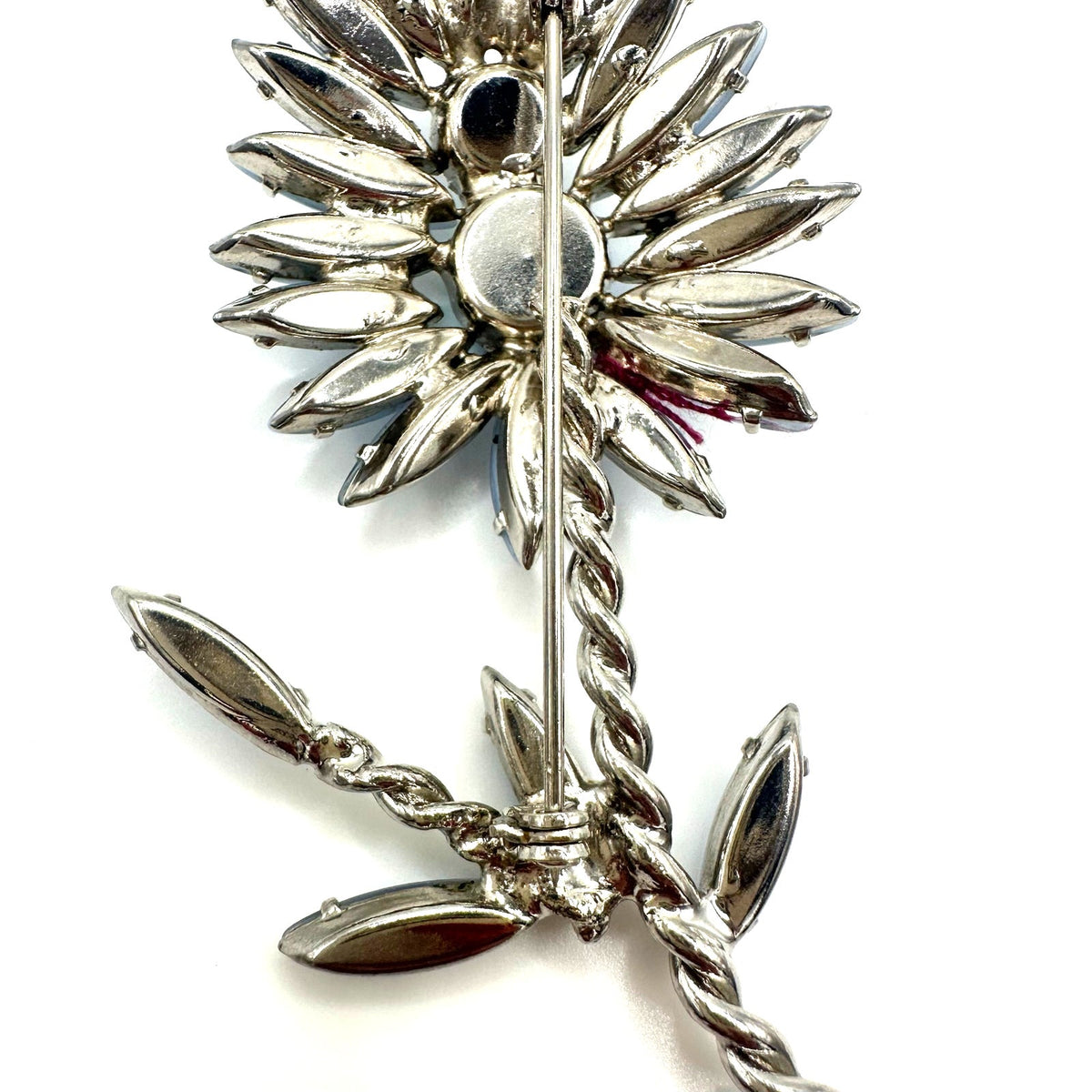 Vintage silver tone large 4" blue glass AB rhinestones navettes flower brooch