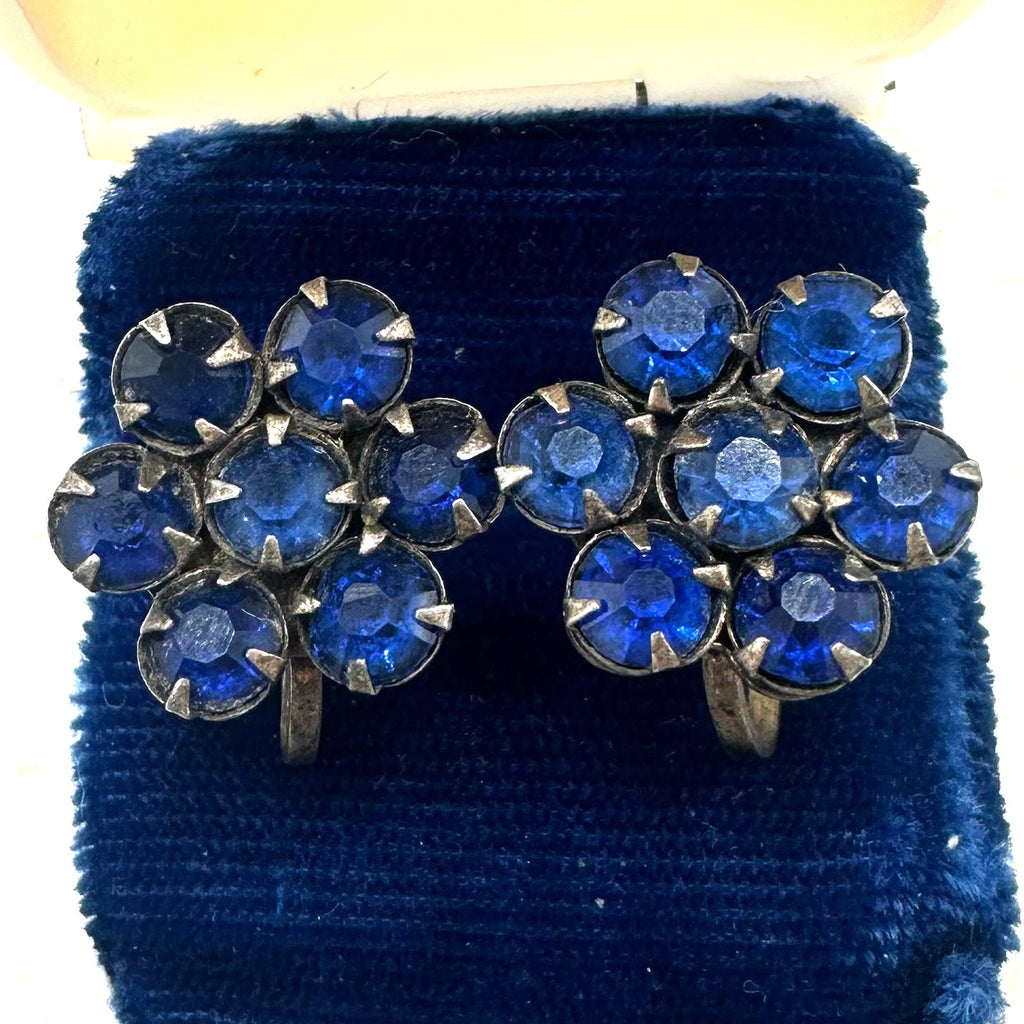 Antique vintage sterling silver blue glass rhinestones screw back earrings