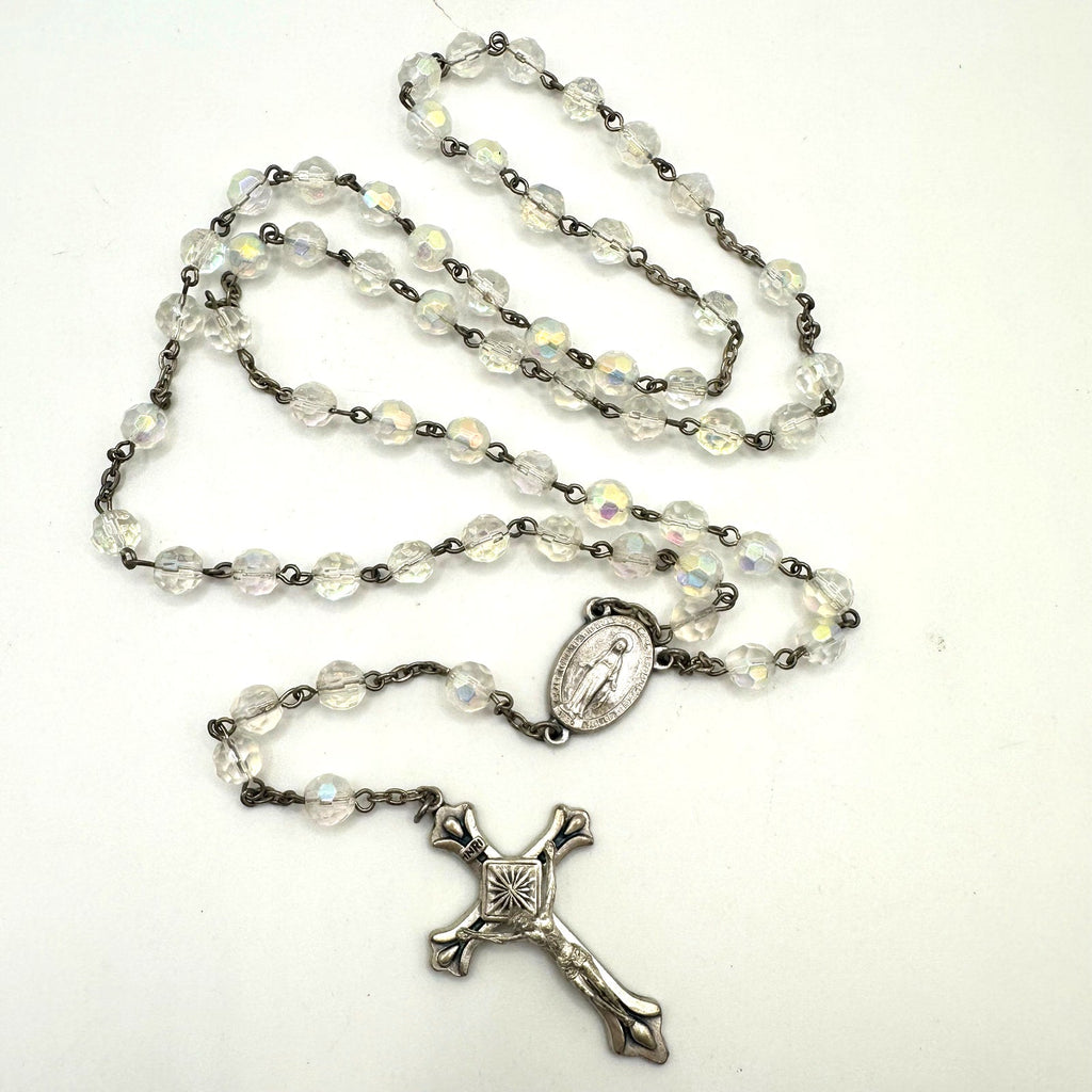 Italy silver tone clear glass AB aurora borealis beaded Catholic rosary necklace