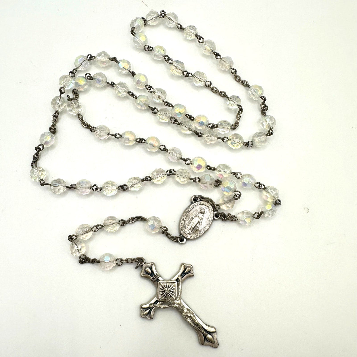 Italy silver tone clear glass AB aurora borealis beaded Catholic rosary necklace
