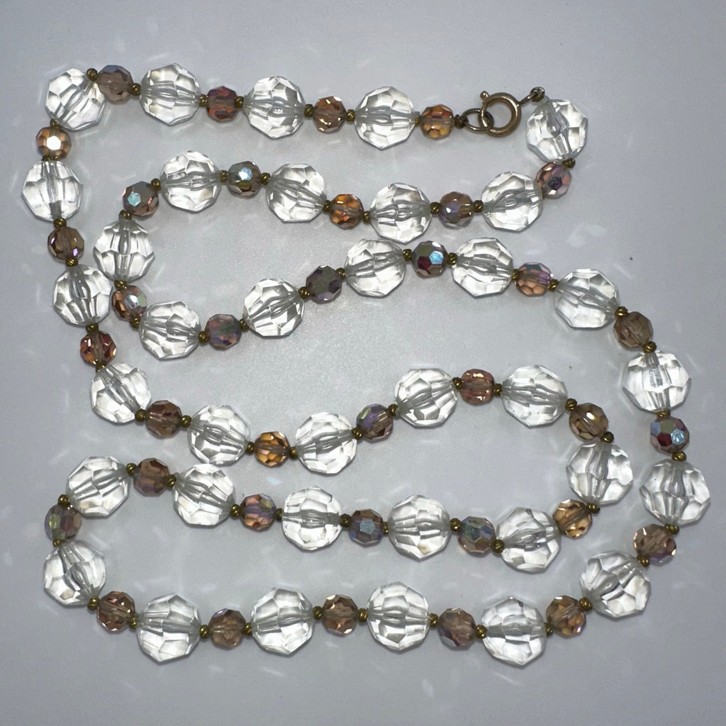 Vintage peach aurora borealis AB glass clear lucite beads beaded 32" necklace