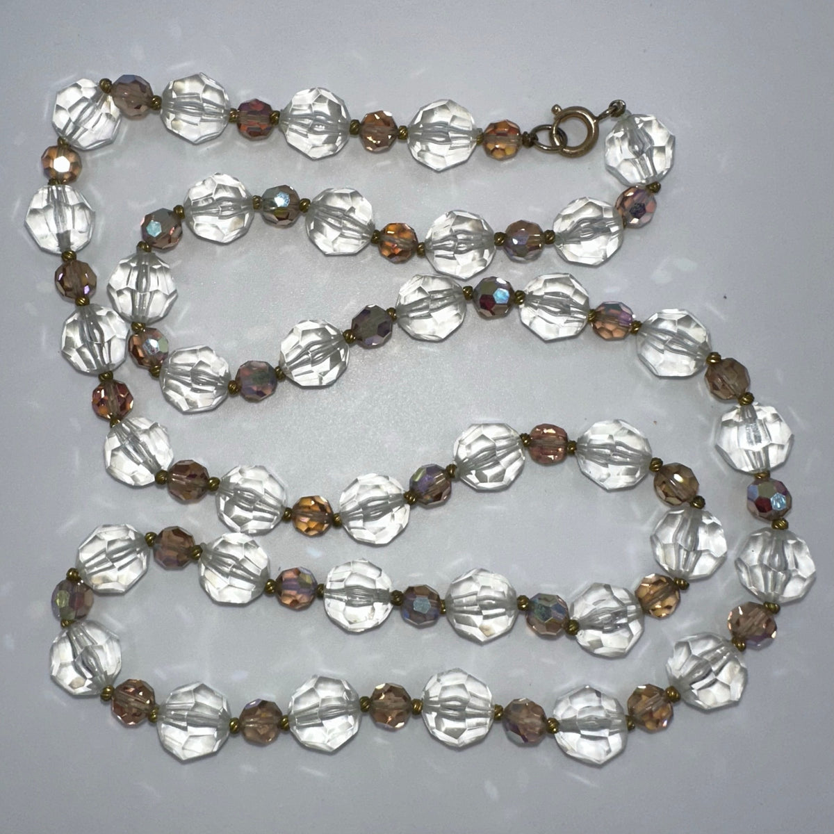 Vintage peach aurora borealis AB glass clear lucite beads beaded 32" necklace