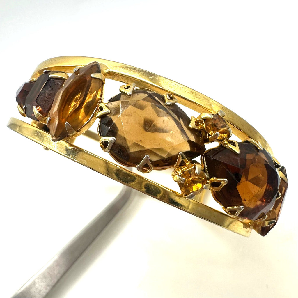 Juliana gold tone brown topaz glass rhinestones clamper bangle bracelet