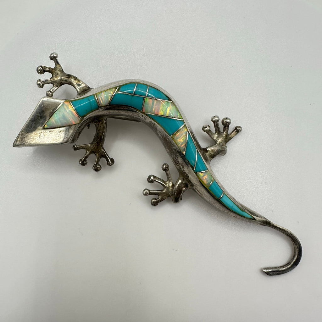 Native American sterling silver fire opal turquoise inlay lizard brooch pendant