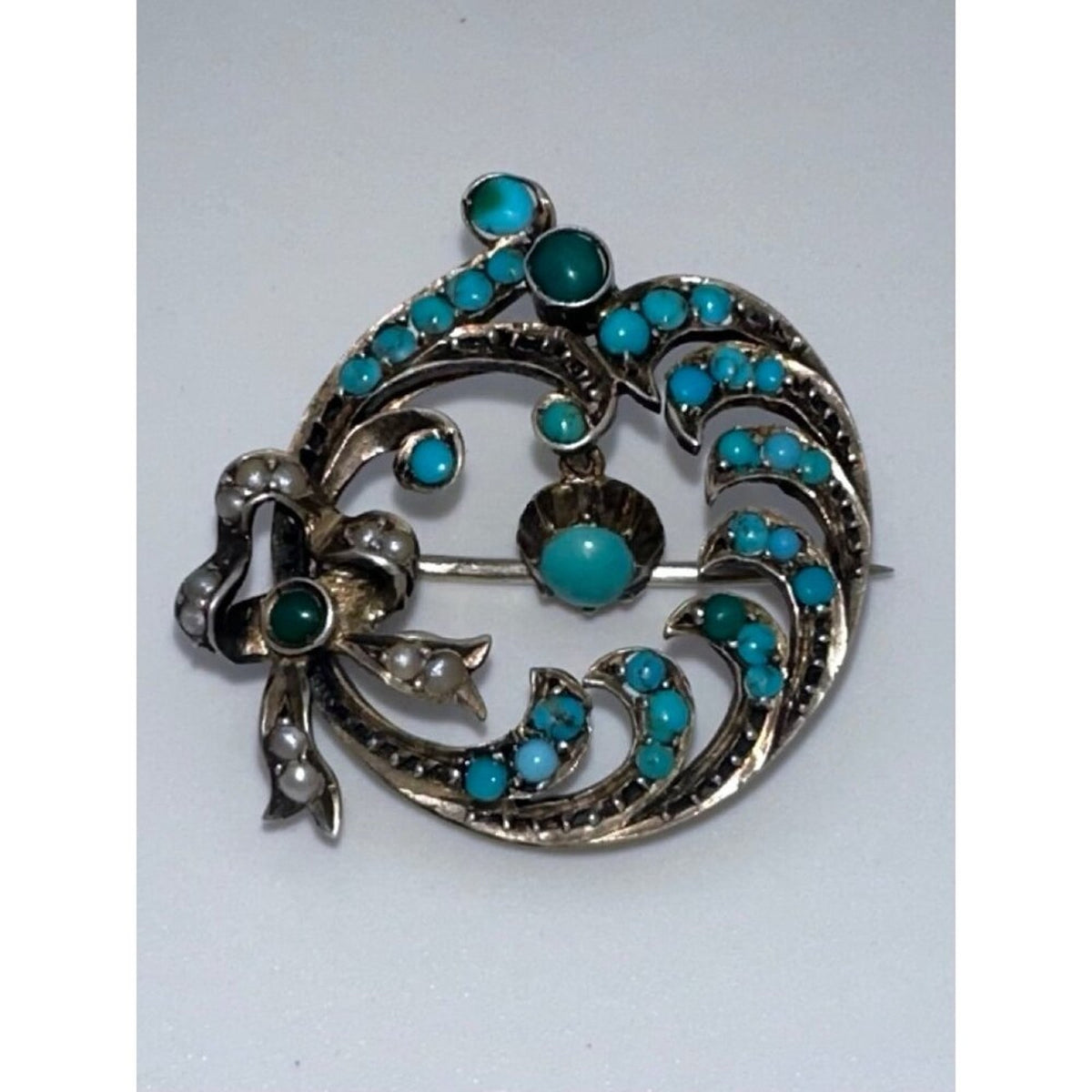 Antique Victorian 9kt gold genuine turquoise cabochons seed pearls bow brooch