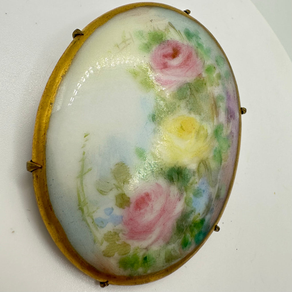 Antique Victorian Edwardian hand painted pink green yellow blue floral brooch