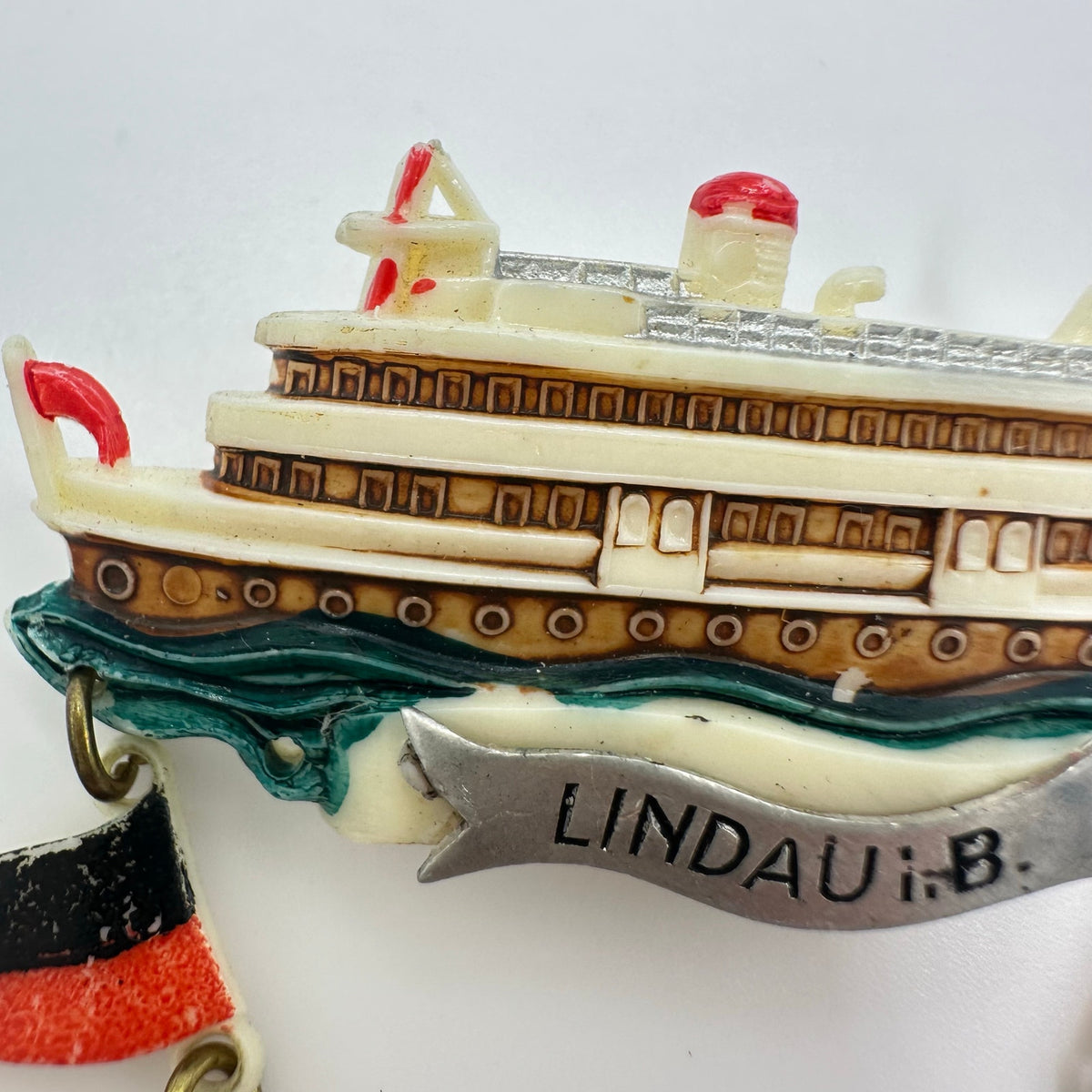 Lindau Germany 1940s retro hand painted celluloid souvenir ship flags brooch