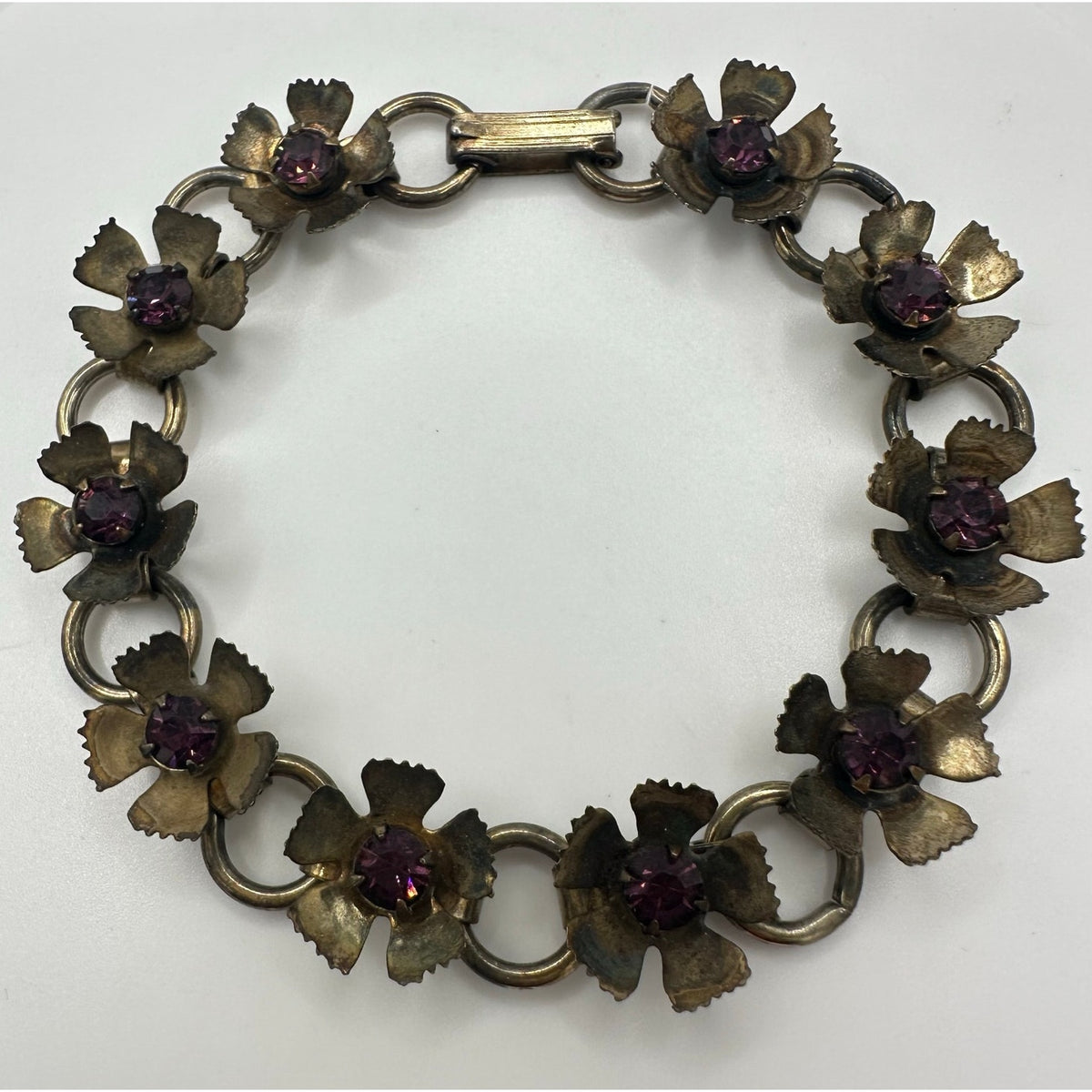 Vintage retro 1940s gold tone brass flowers purple rhinestones flex bracelet