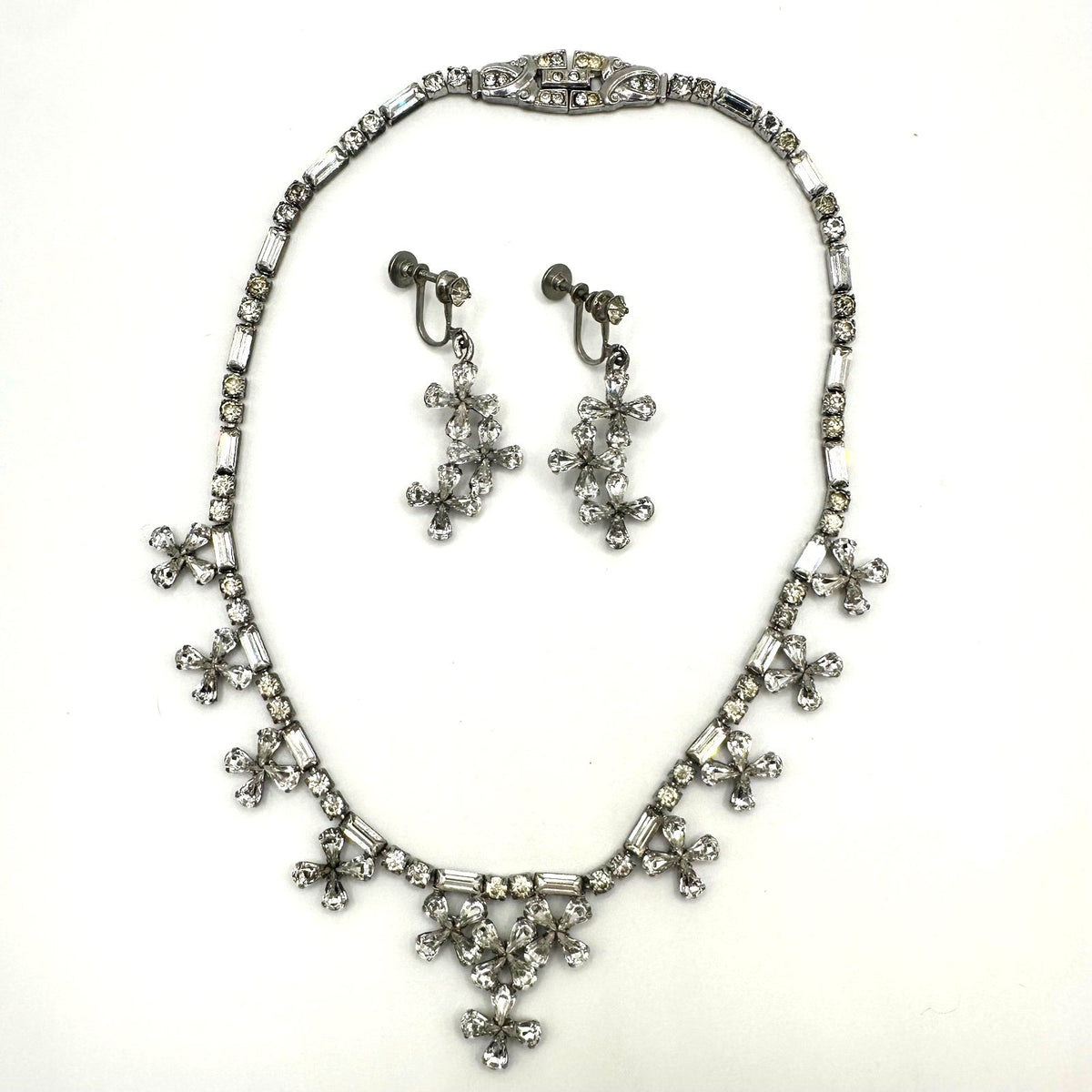 Phyllis vintage sterling silver clear rhinestones necklace earrings set