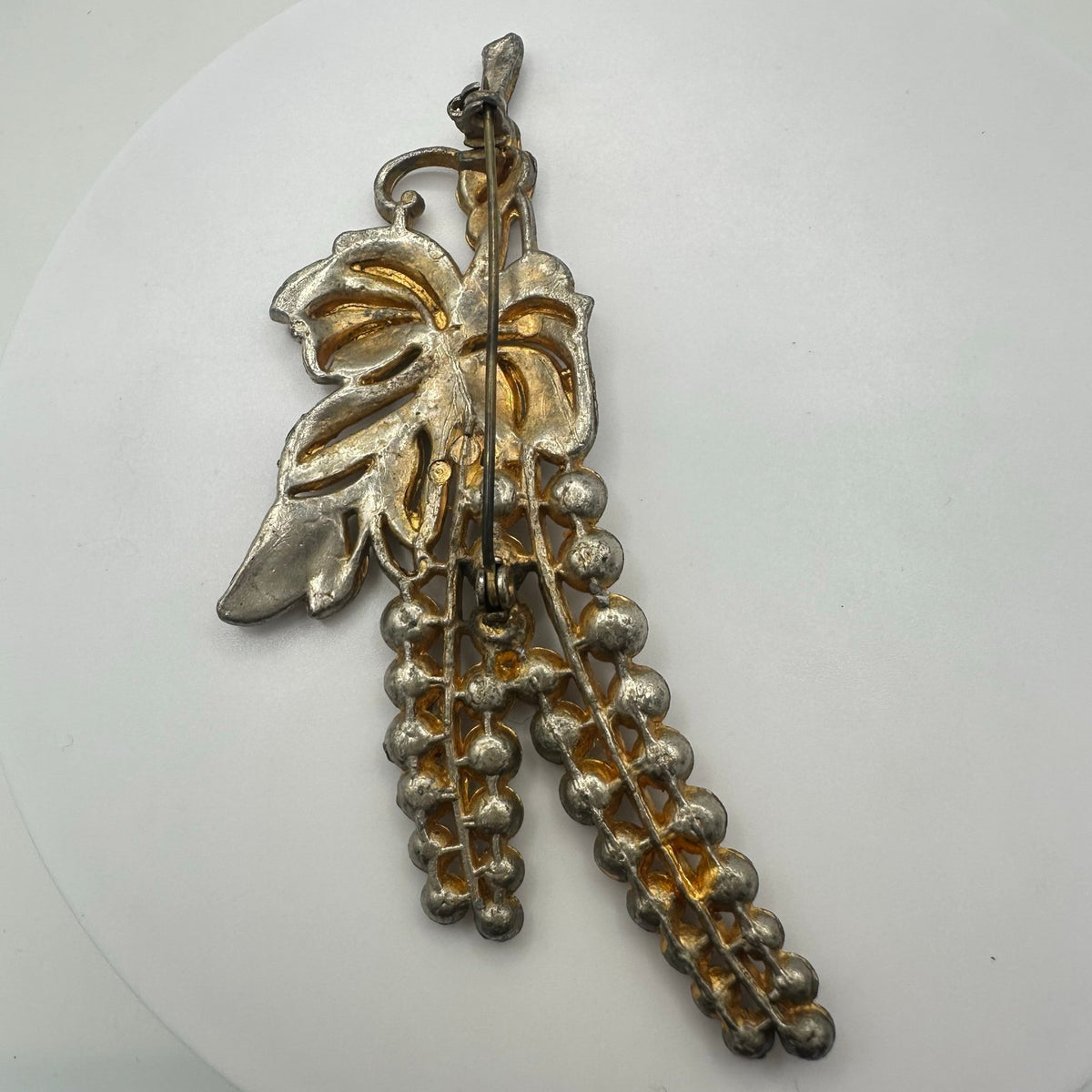 Vintage 1940s gold plated clear rhinestones floral buds fruit brooch pin