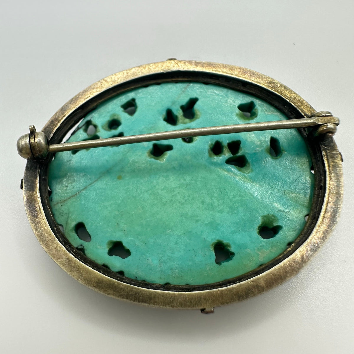 Antique Chinese carved genuine turquoise sterling silver oval brooch pin 6.3g