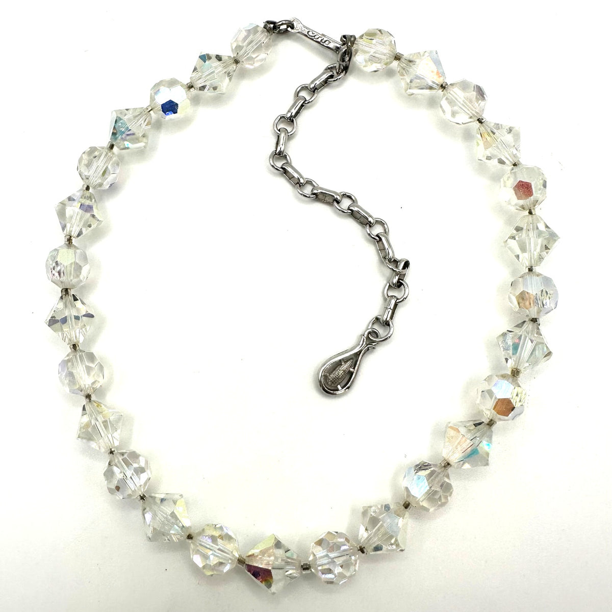 Coro 1950s vintage clear faceted glass aurora borealis AB beads beaded necklace