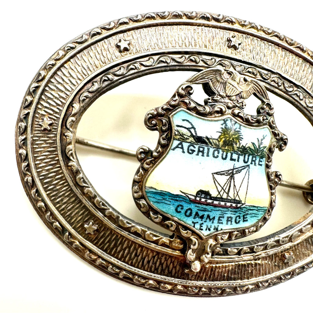 Antique 1900s sterling silver Tennessee Coat of Arms enamel sash pin brooch