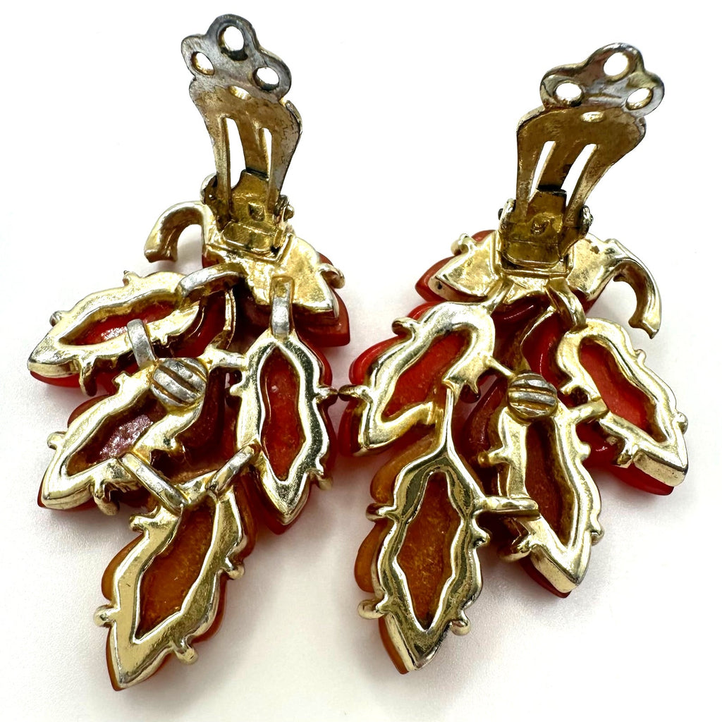 Lisner vintage gold tone red orange thermoset lucite leaf clip on earrings