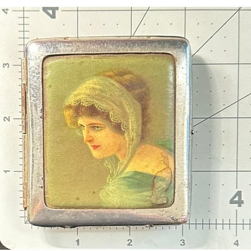 Antique Edwardian 1900s German silver tone portrait cigarette box case compact