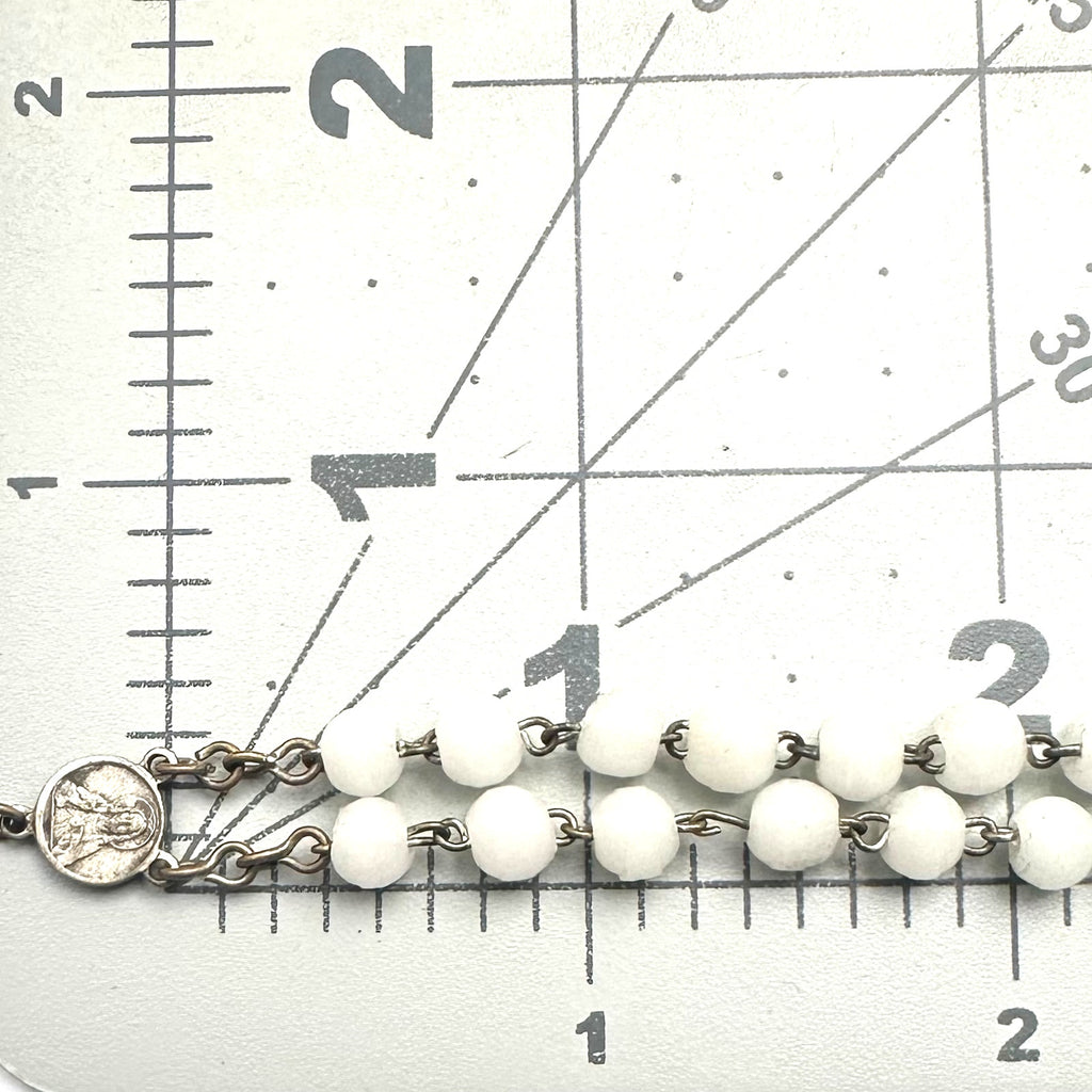 Vintage silver plated white milk glass beads beaded Catholic rosary necklace