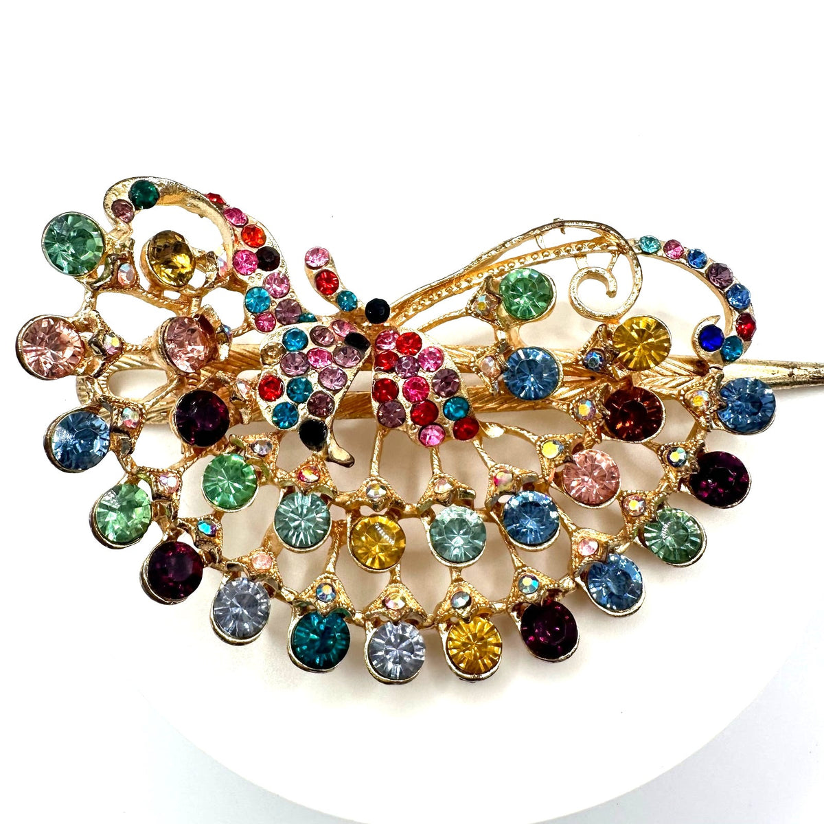 Gold tone multicolor rainbow glass rhinestones barrette hair clip accessory