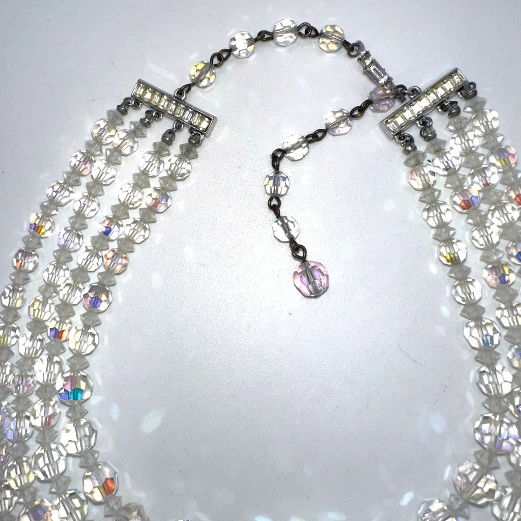 Vintage 4 strand clear AB aurora borealis glass beaded graduated necklace