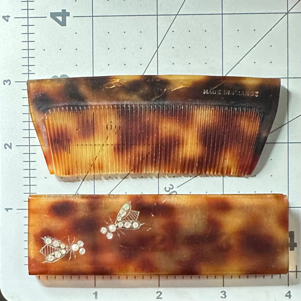 Made in France vintage faux tortoiseshell celluloid rhinestone bees hair comb