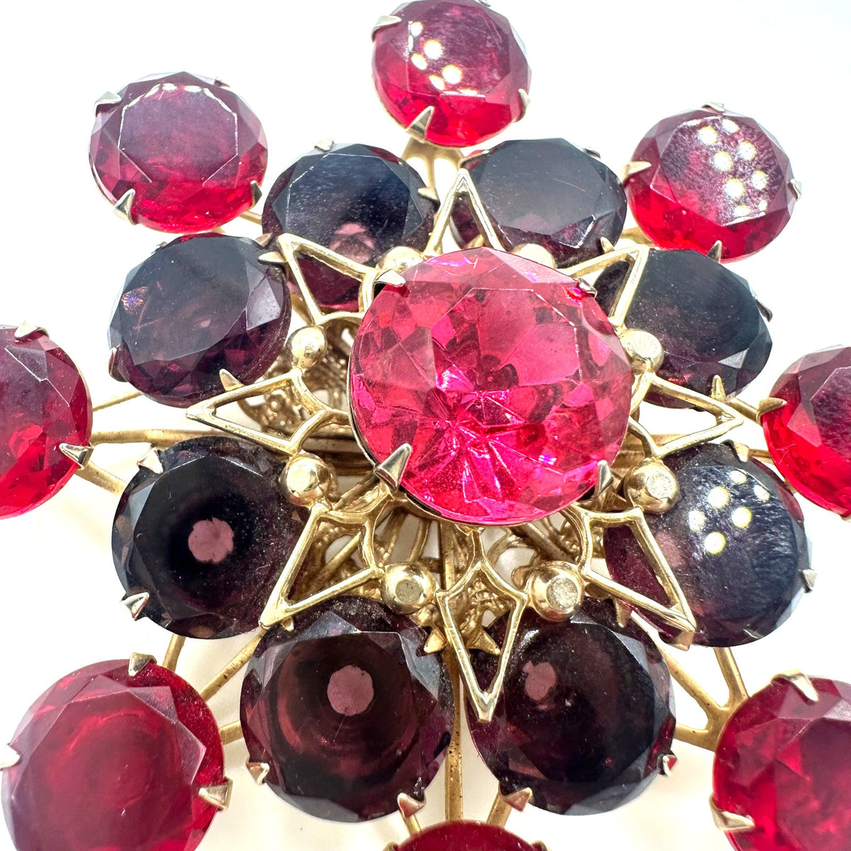 Vintage gold tone red pink purple UV cadmium glass rhinestones large brooch