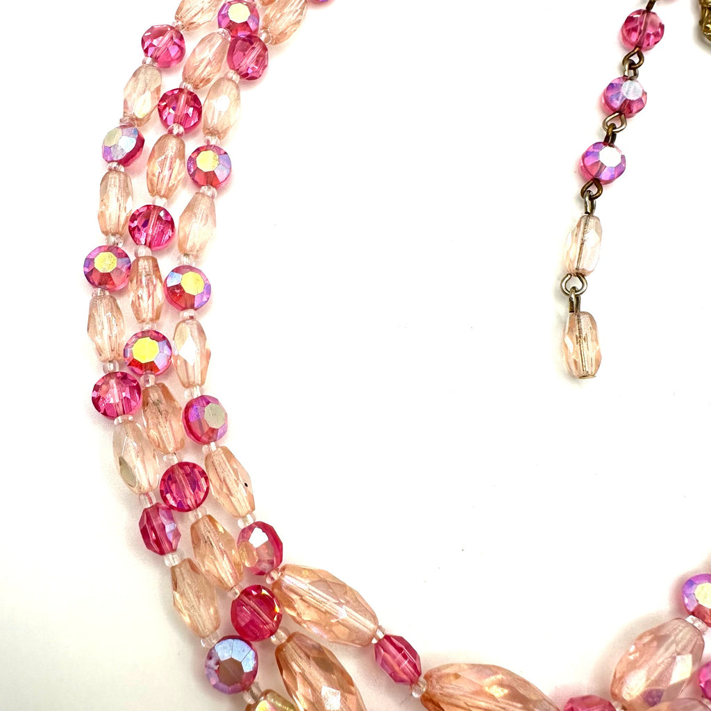 Vintage 3 triple multi strand pink AB aurora borealis glass beaded necklace
