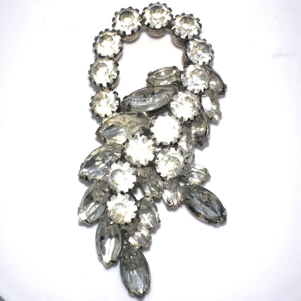1950s vintage silver tone clear glass navettes rounds rhinestones brooch