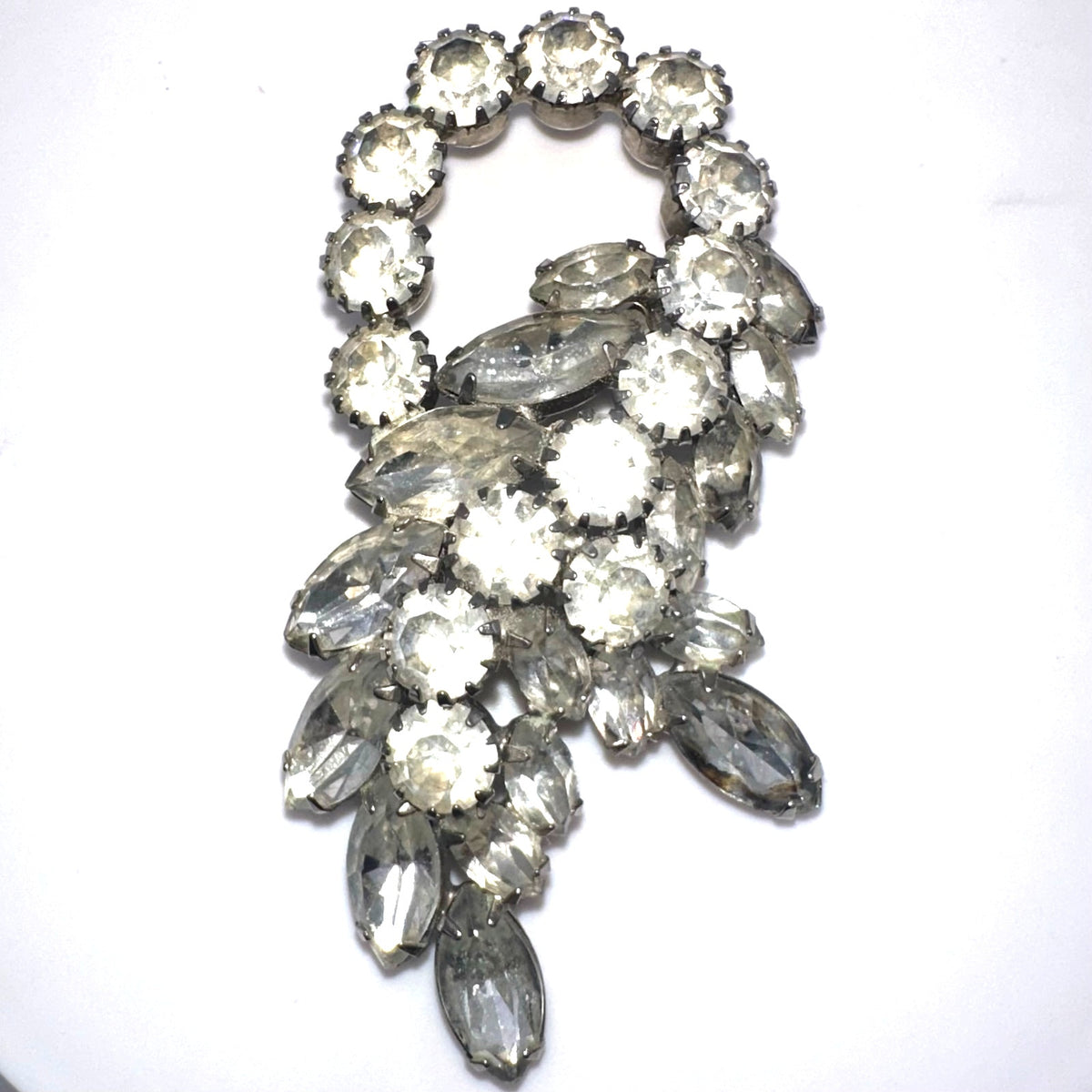 1950s vintage silver tone clear glass navettes rounds rhinestones brooch