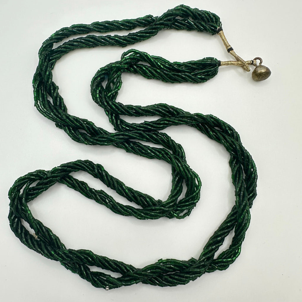 Antique vintage emerald green art glass tube beads beaded twisted necklace