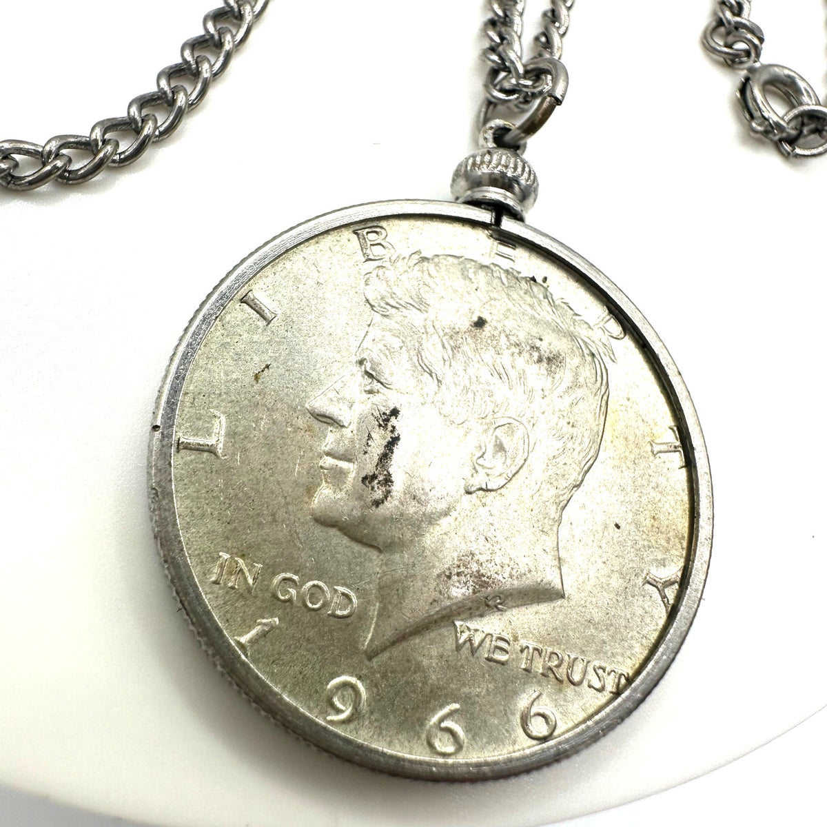 Vintage silver tone real 1966 Kennedy half dollar coin pendant 24" necklace