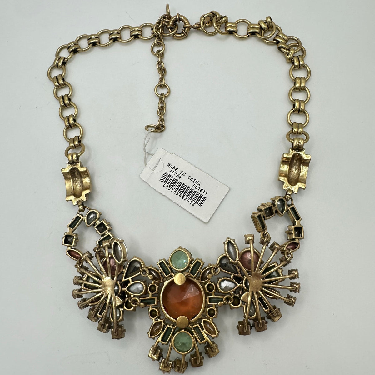 J. Crew NWT gold tone rainbow multicolor AB glass rhinestones statement necklace