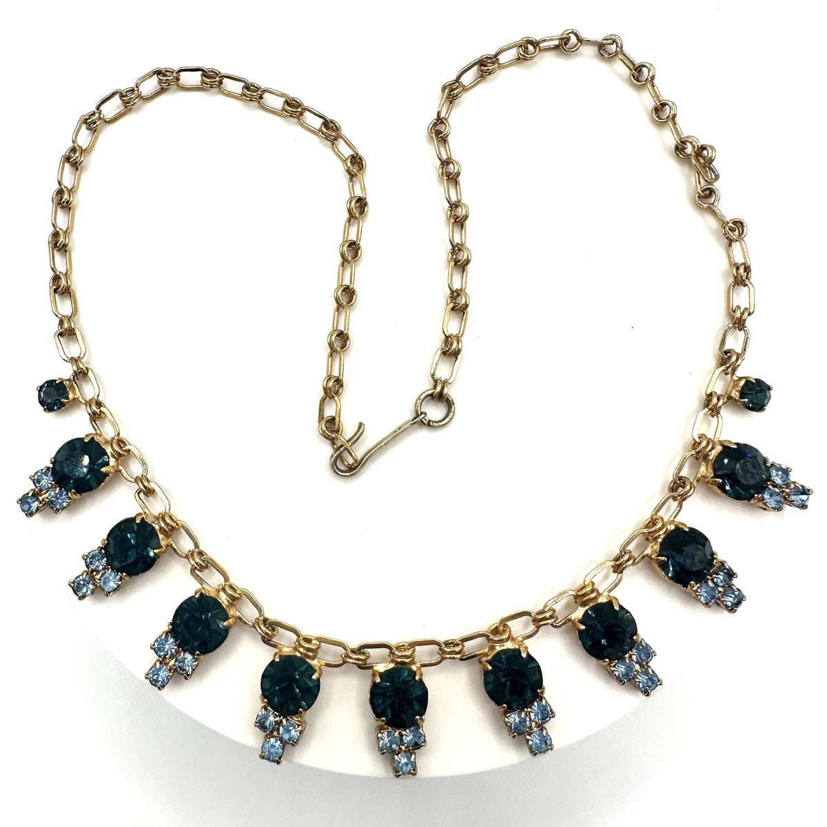 Coro vintage gold tone Montana & light blue rhinestones fringe necklace