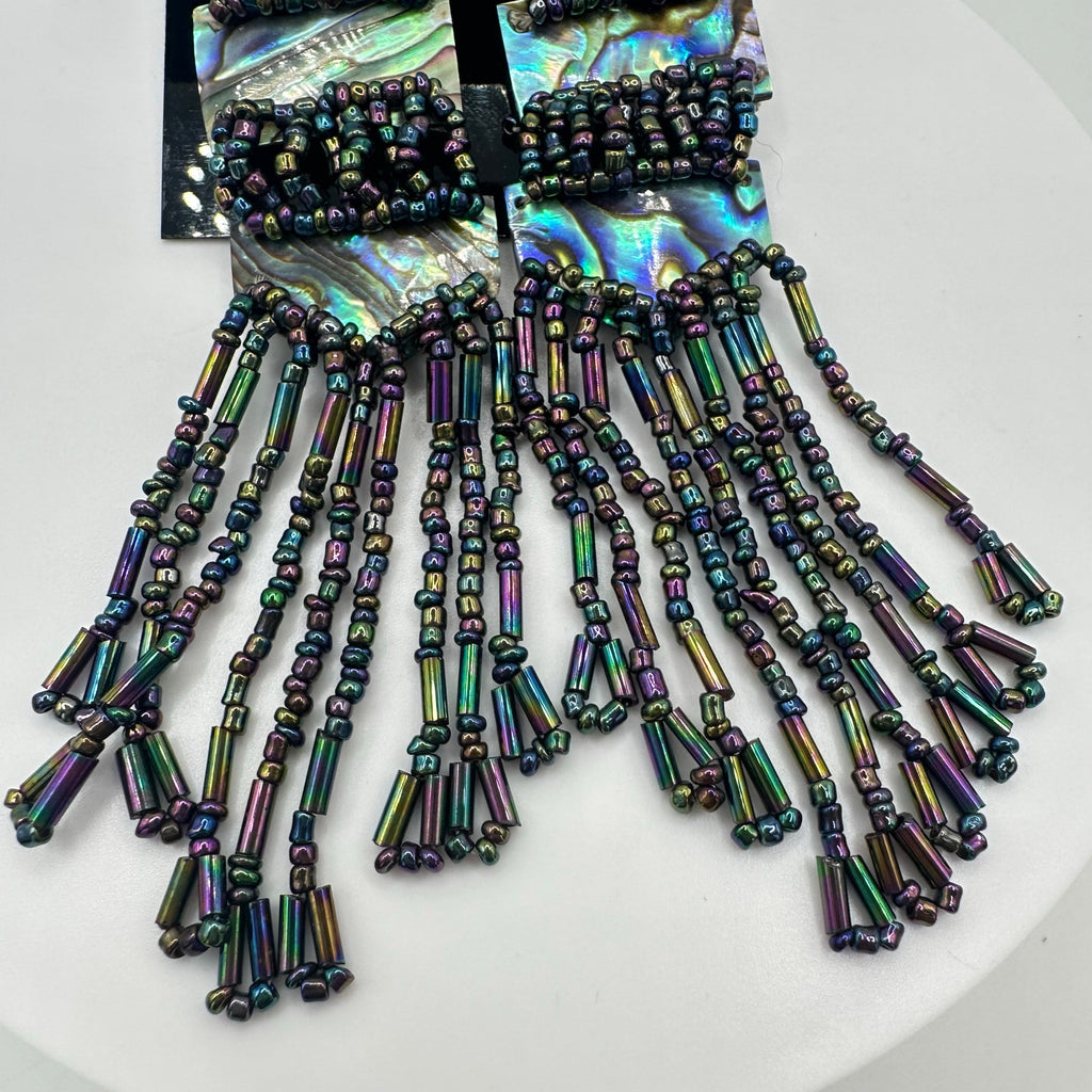 Vintage genuine abalone black luster glass beads beaded post dangle earrings