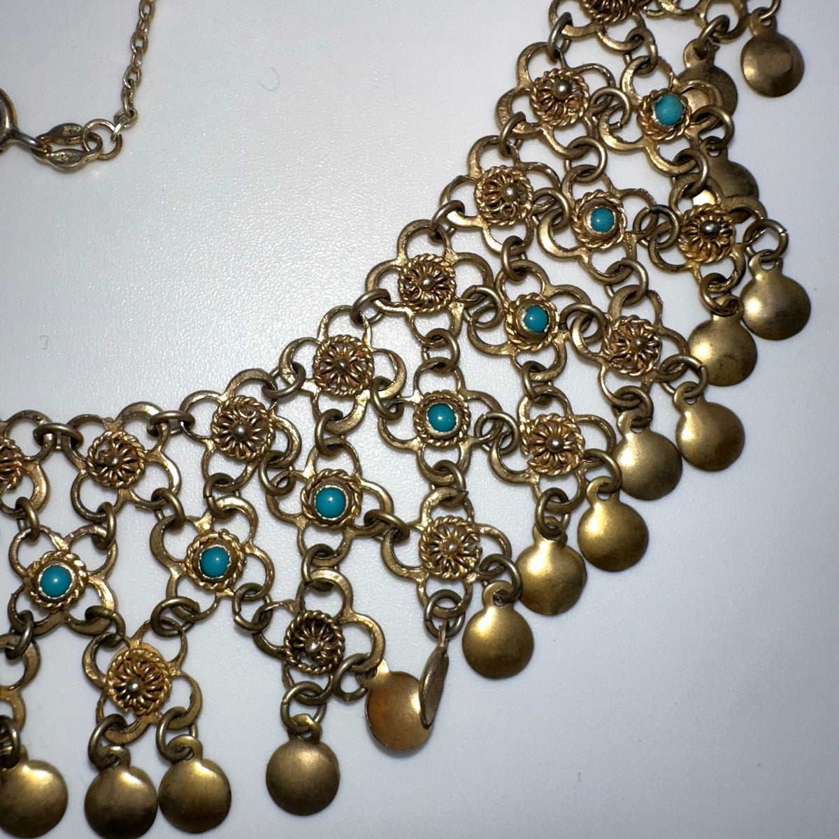 925 sterling silver gold vermeil filigree genuine turquoise chain bib necklace