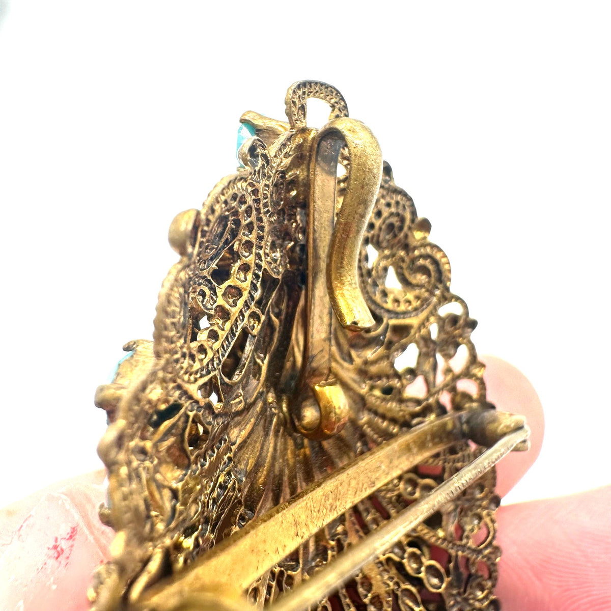 West Germany vintage gold tone turquoise art glass rhinestones brooch pendant