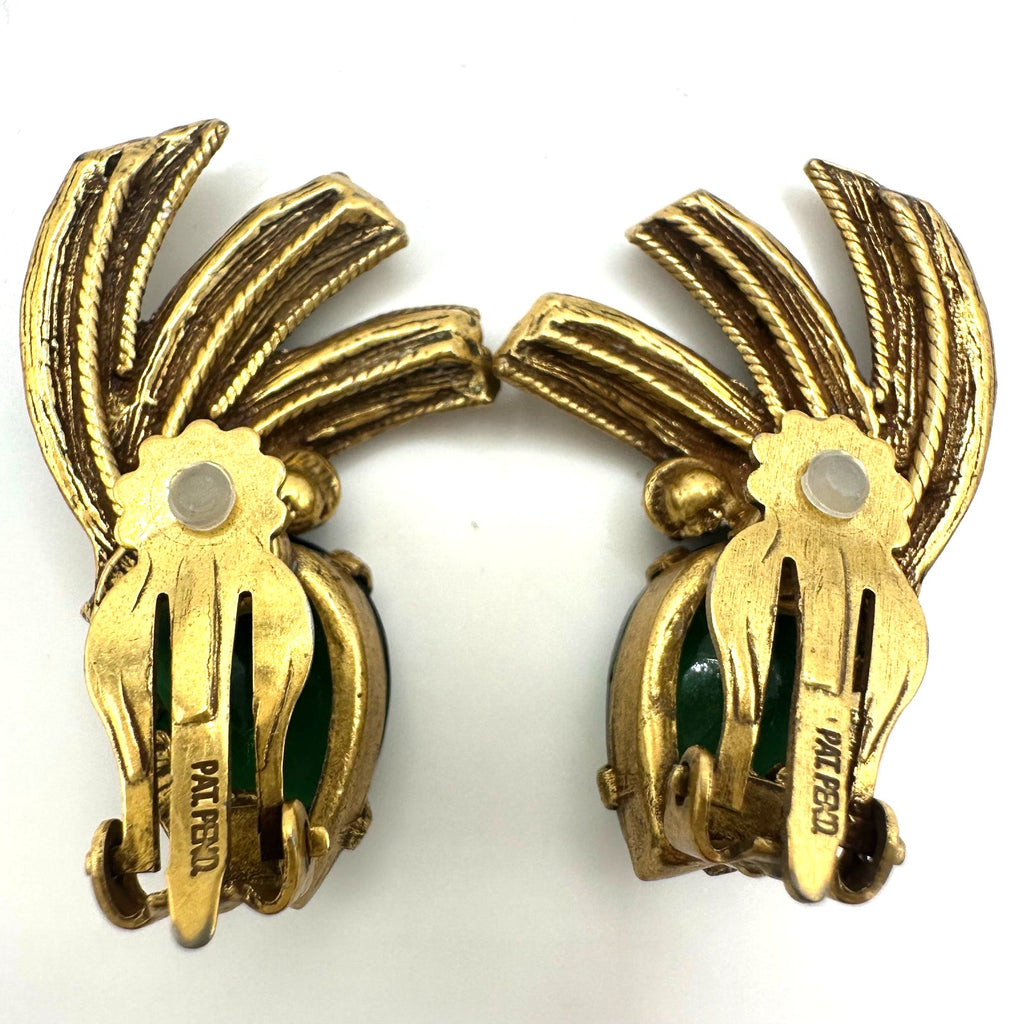 Vintage gold tone fern green rhinestones fan spray crawler clip on earrings