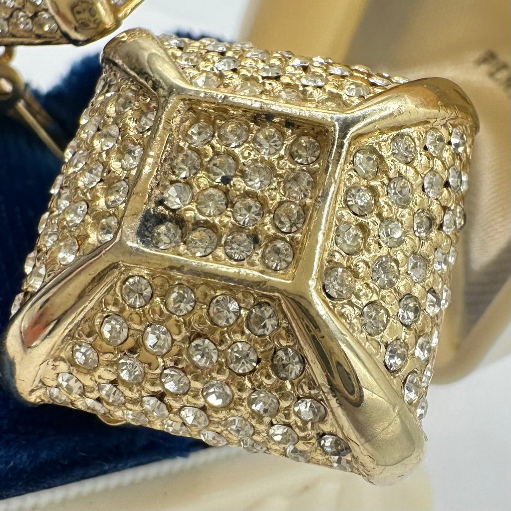1980s 1990s vintage gold tone clear pavé rhinestones 3D square clip on earrings
