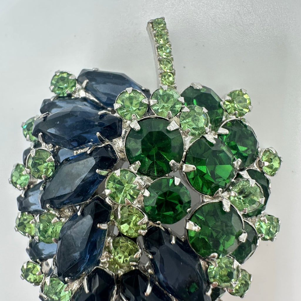 Juliana vintage book piece large silver tone blue green rhinestones leaf brooch